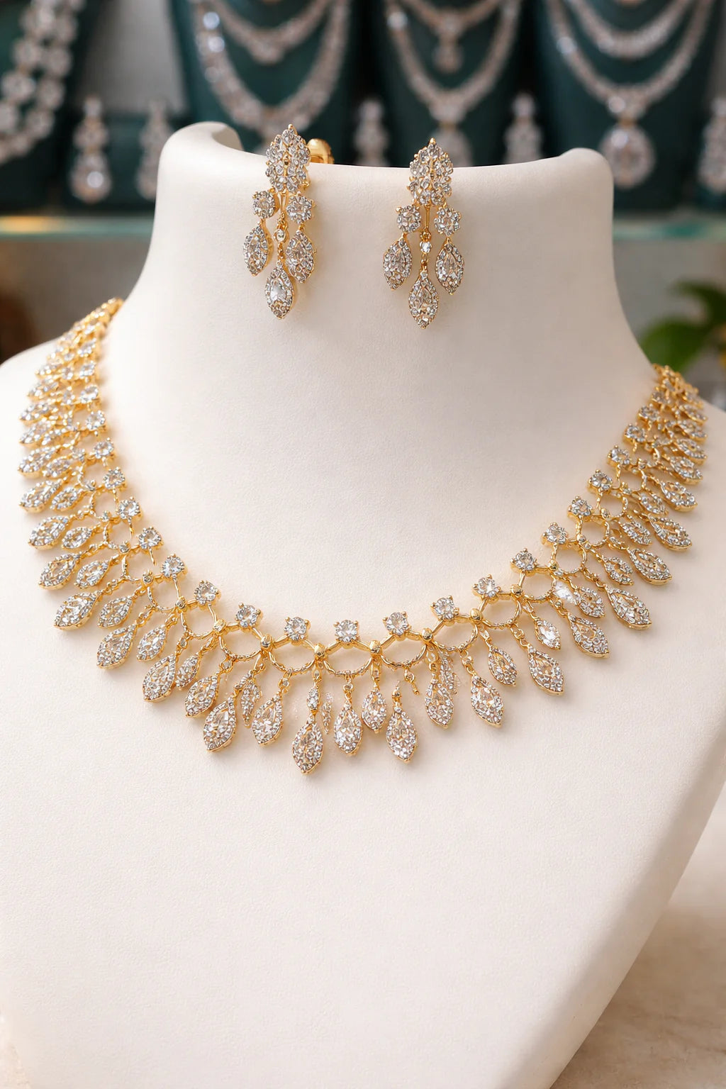 Elegant Gold & Diamond Necklace Set with Earrings